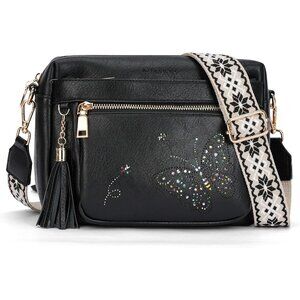Women’s  09-black Leather Purse Crossbody Bag Handbags Butterfly Design